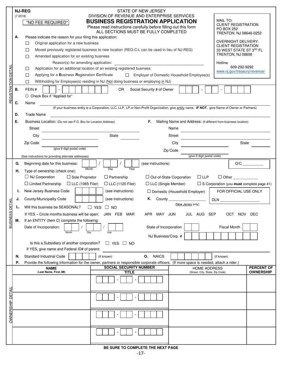 Form NJ-REG Business Registration Application - New Jersey, Page 1