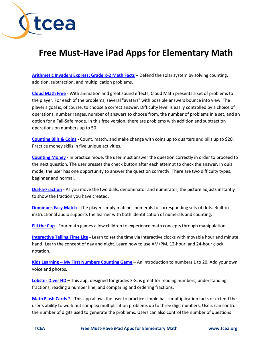 Free Must-Have Ipad Apps for Elementary Math - Tcea Download Printable ...