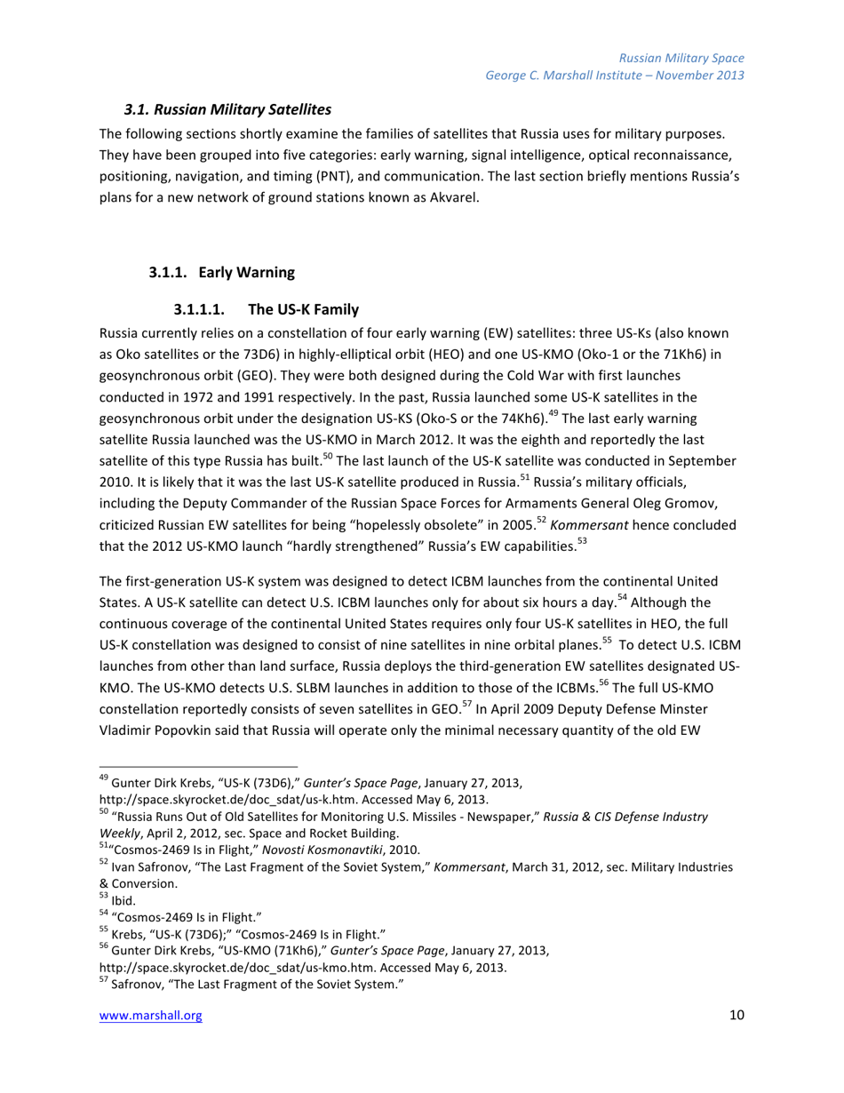 The Russian Federations Approach to Military Space and Its Military Space Capabilities - Jana Honkova, George C. Marshall Institute, Page 10