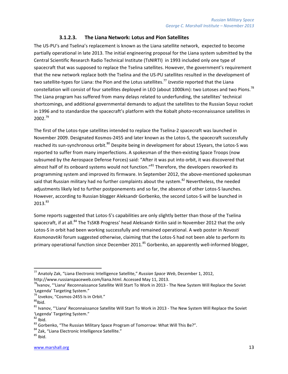 The Russian Federations Approach to Military Space and Its Military Space Capabilities - Jana Honkova, George C. Marshall Institute, Page 13