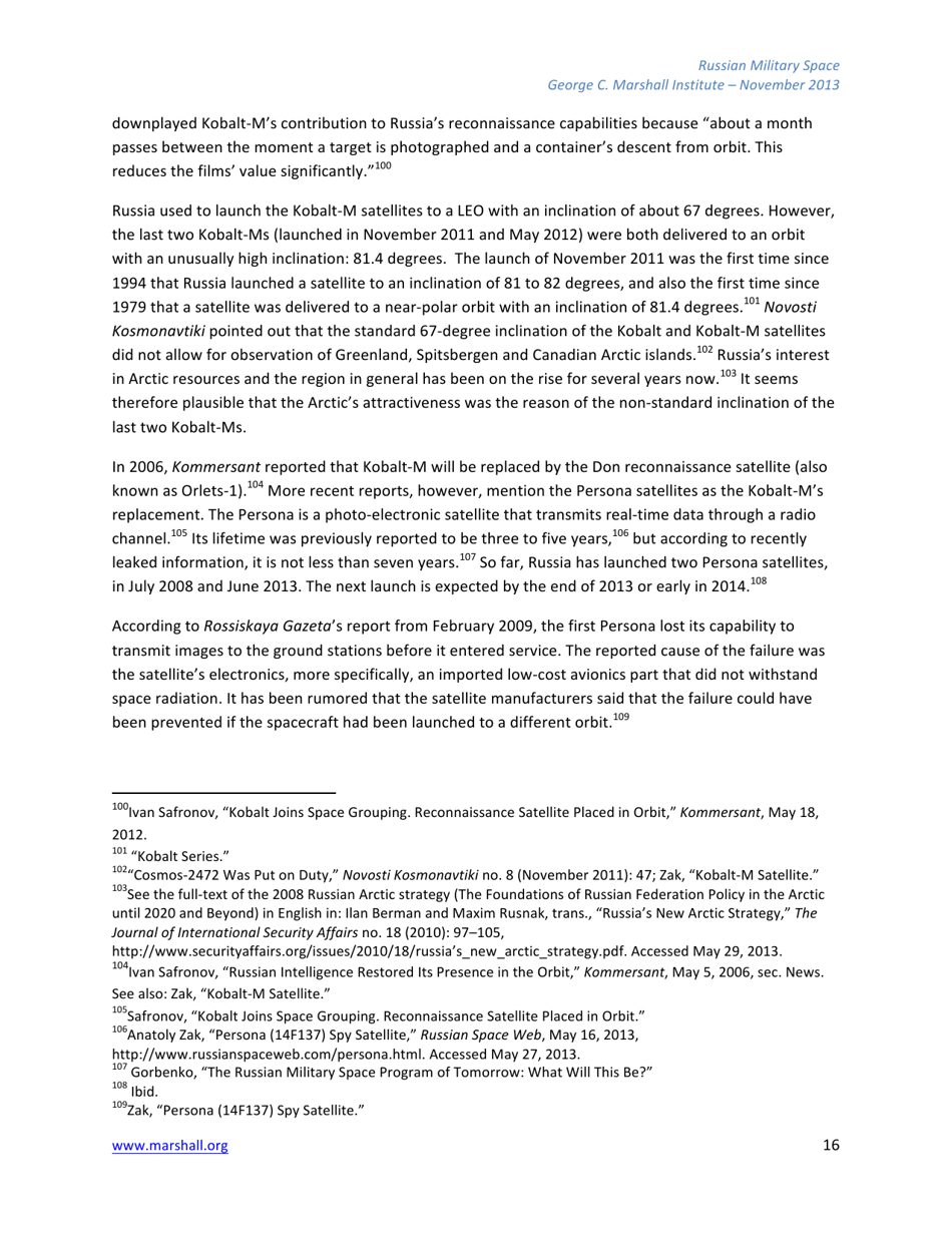 The Russian Federations Approach to Military Space and Its Military Space Capabilities - Jana Honkova, George C. Marshall Institute, Page 16