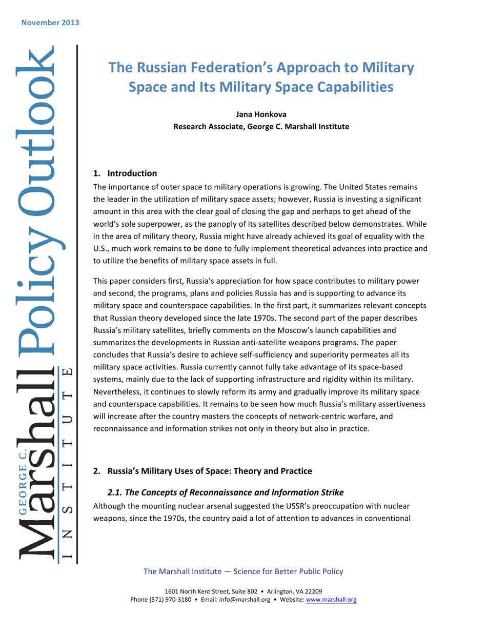 The Russian Federation's Approach to Military Space and Its Military Space Capabilities by Jana Honkova and the George C. Marshall Institute