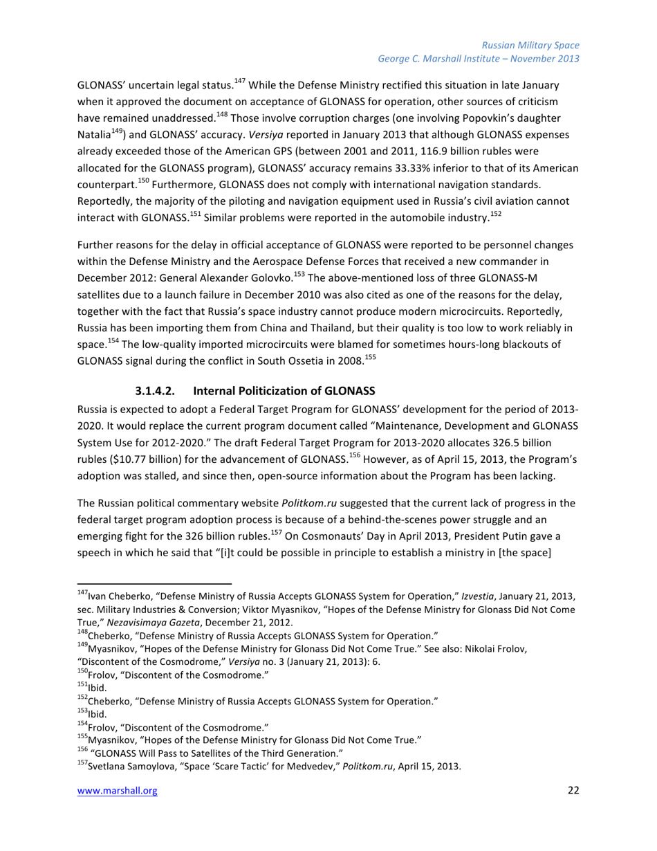 The Russian Federations Approach to Military Space and Its Military Space Capabilities - Jana Honkova, George C. Marshall Institute, Page 22