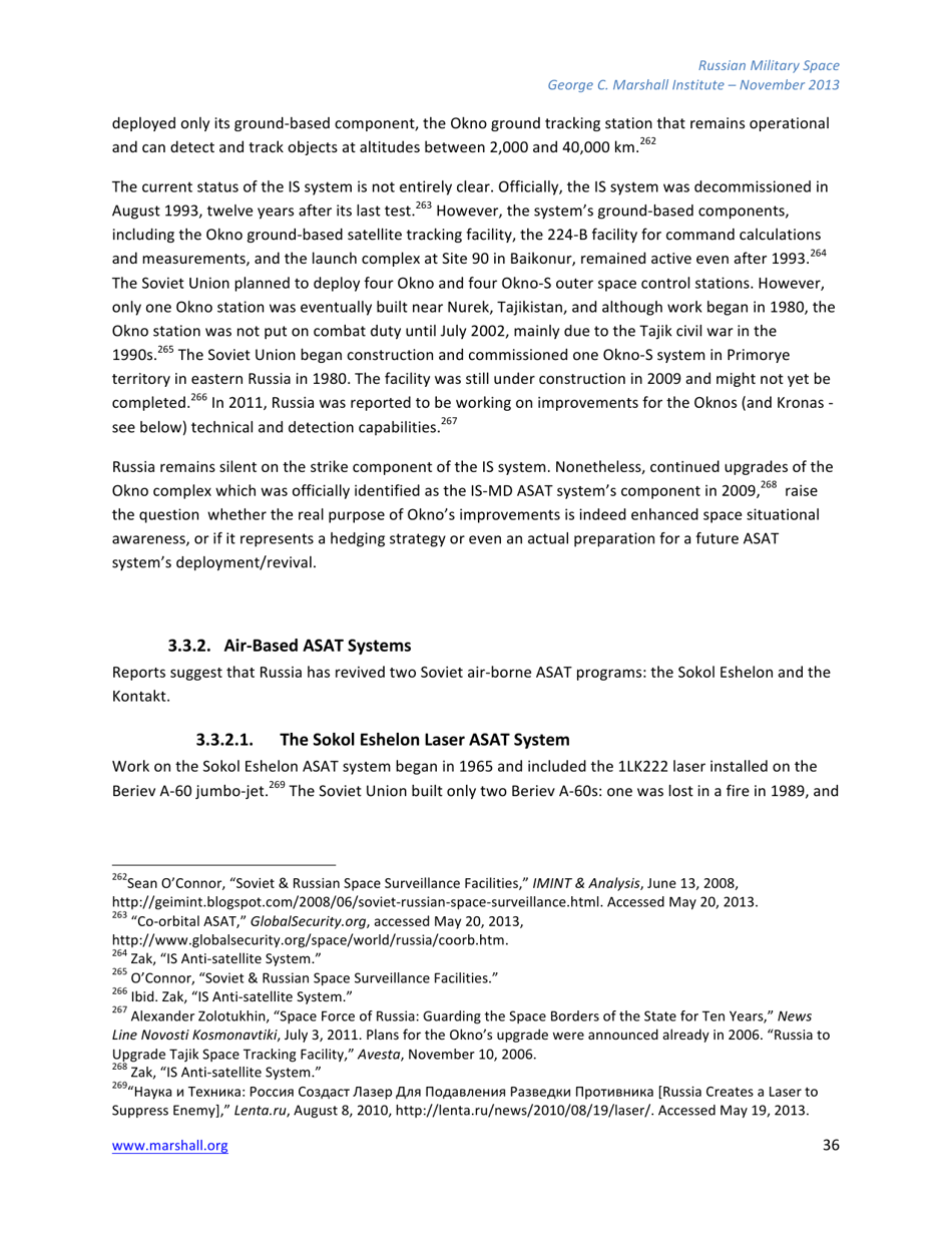 The Russian Federations Approach to Military Space and Its Military Space Capabilities - Jana Honkova, George C. Marshall Institute, Page 36