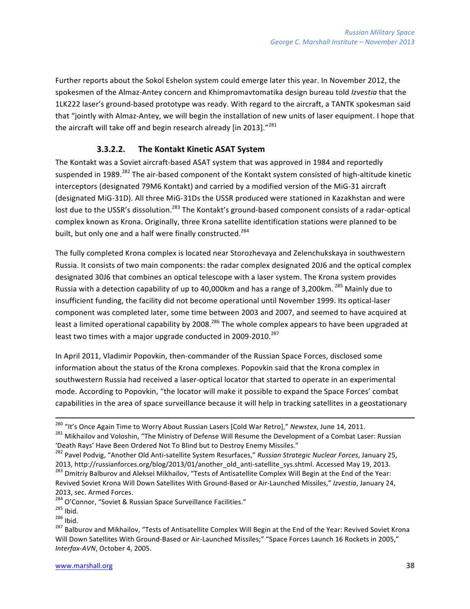 The Russian Federations Approach to Military Space and Its Military Space Capabilities - Jana Honkova, George C. Marshall Institute, Page 38