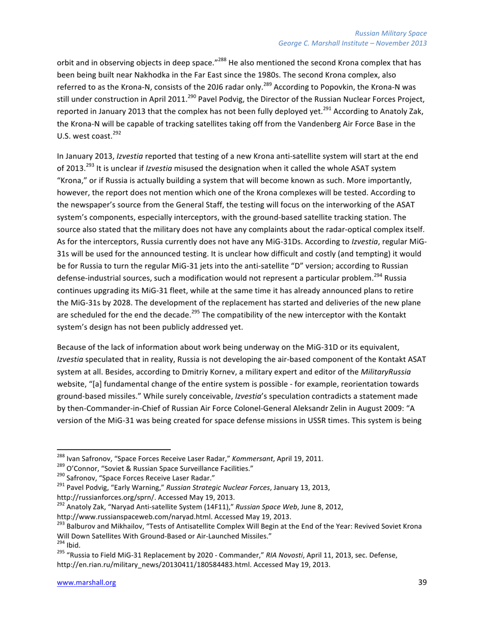 The Russian Federations Approach to Military Space and Its Military Space Capabilities - Jana Honkova, George C. Marshall Institute, Page 39