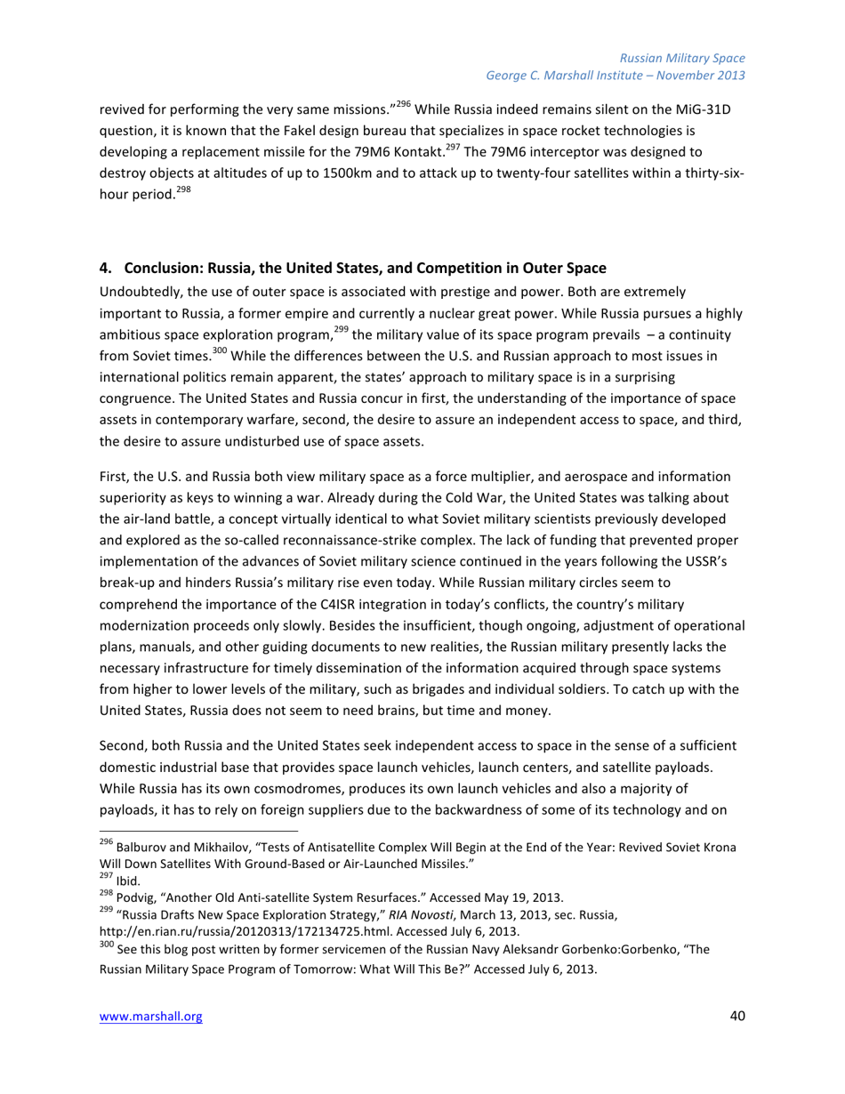 The Russian Federations Approach to Military Space and Its Military Space Capabilities - Jana Honkova, George C. Marshall Institute, Page 40