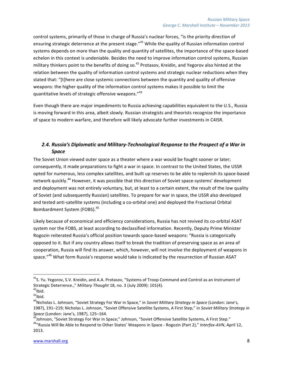 The Russian Federations Approach to Military Space and Its Military Space Capabilities - Jana Honkova, George C. Marshall Institute, Page 8