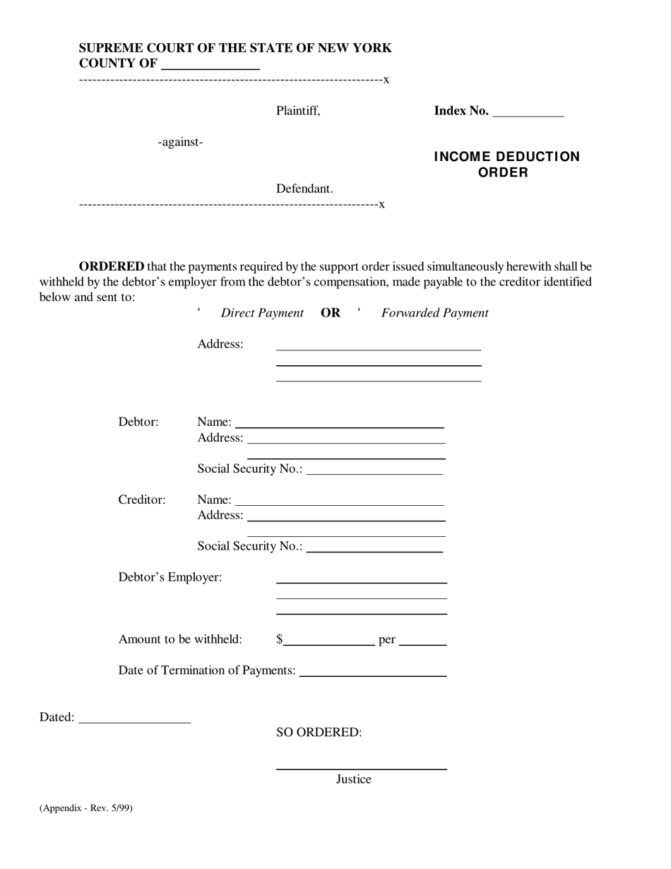 Income Deduction Order - New York, Page 1