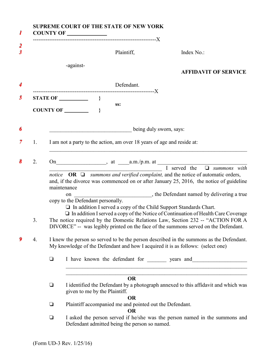 Form UD-3 Affidavit of Service - New York, Page 1