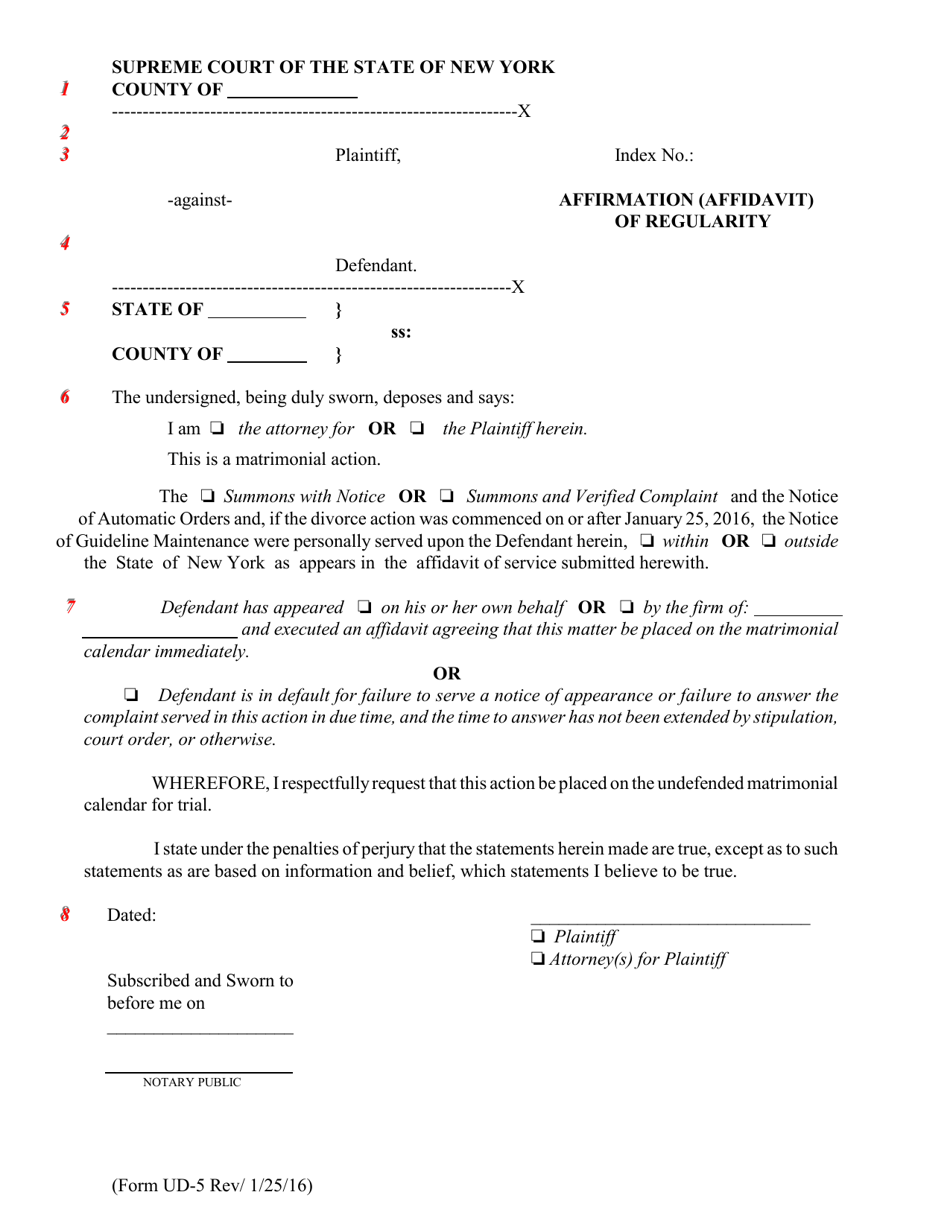 Form UD-5 Affirmation (Affidavit) of Regularity - New York, Page 1