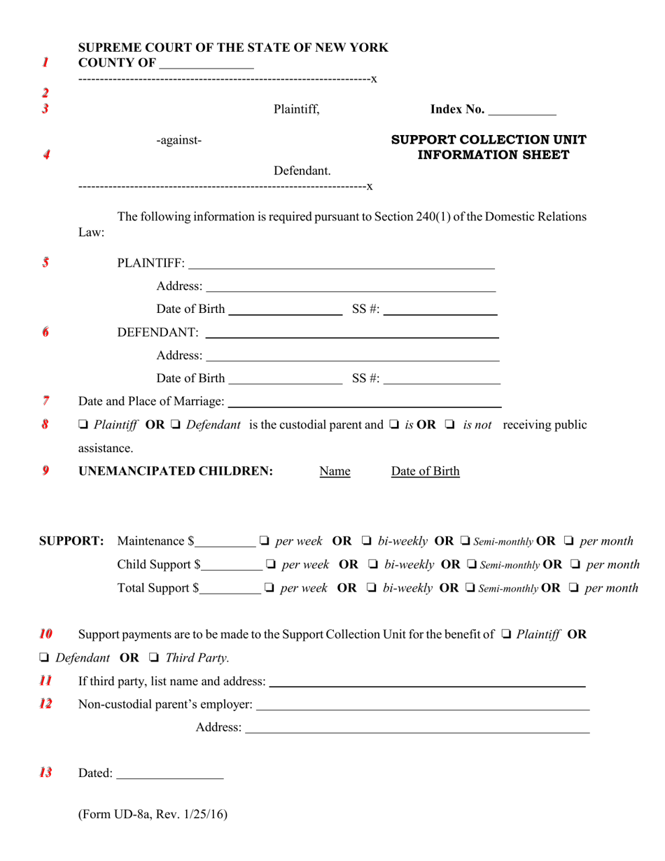 Form UD-8A Support Collection Unit Information Sheet - New York, Page 1