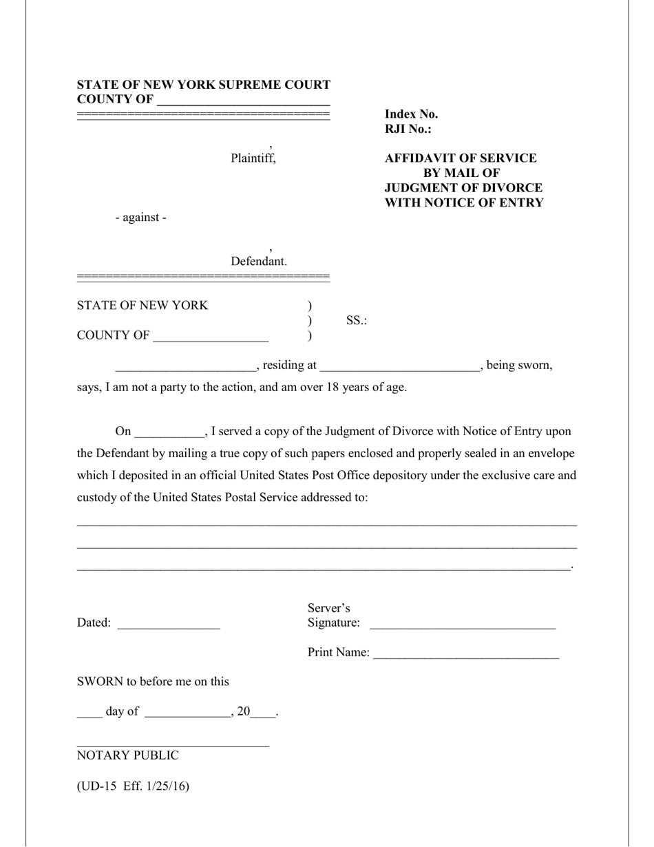 Form UD-15 Affidavit of Service by Mail of Judgment of Divorce With Notice of Entry - New York, Page 1