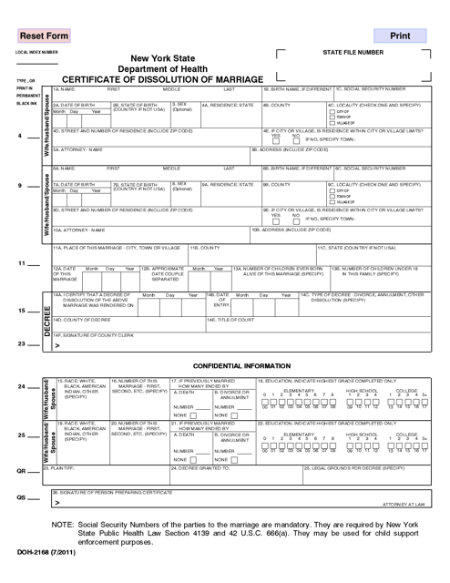 Form DOH-2168 Certificate of Dissolution of Marriage - New York