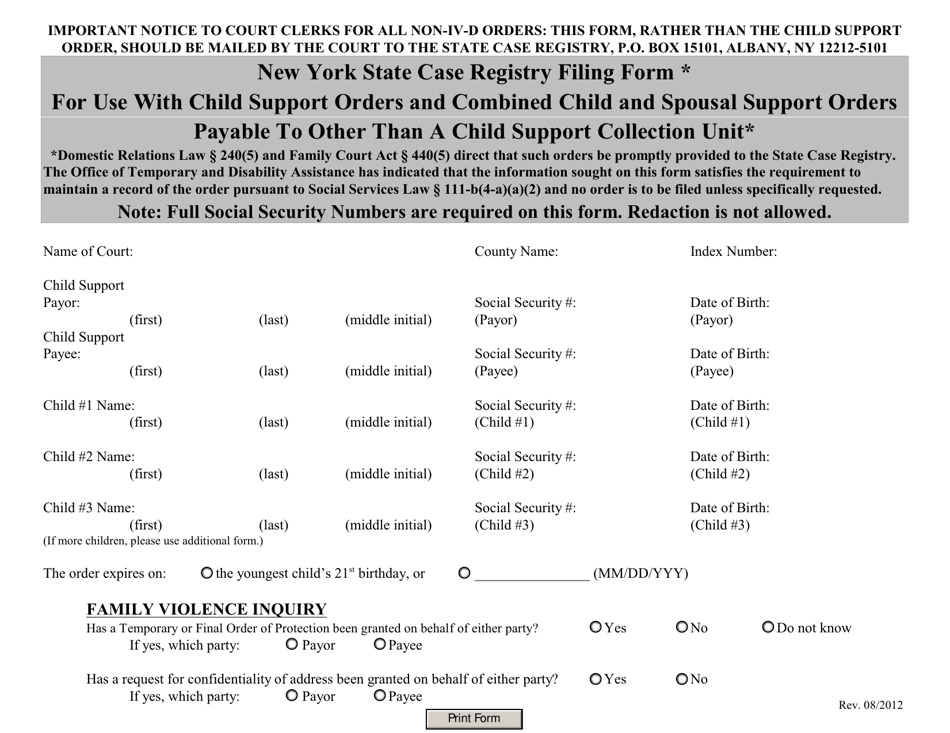 New York State Case Registry Filing Form for Use With Child Support Orders and Combined Child and Spousal Support Orders Payable to Other Than a Child Support Collection Unit - New York, Page 1
