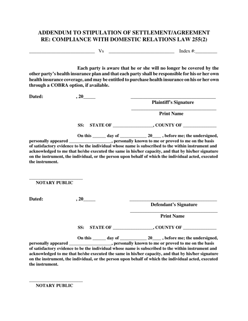 Addendum to Stipulation of Settlement / Agreement Re: Compliance With Domestic Relations Law 255(2) - New York Download Pdf