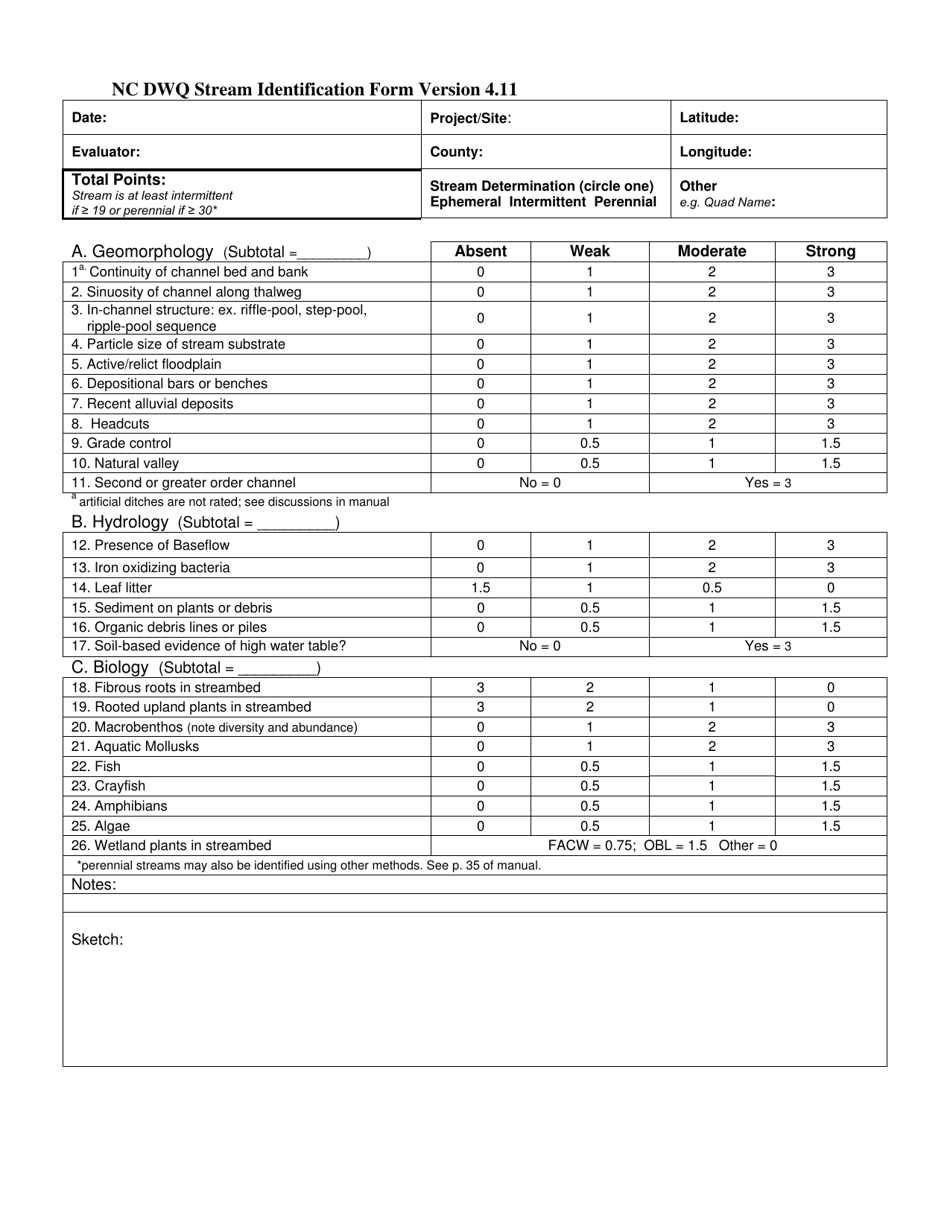 Nc Dwq Stream Identification Form - North Carolina, Page 1