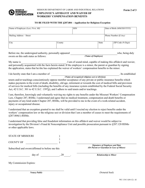 Form WC-138-3 Employee's Affidavit and Waiver of Workers' Compensation Benefits - Missouri