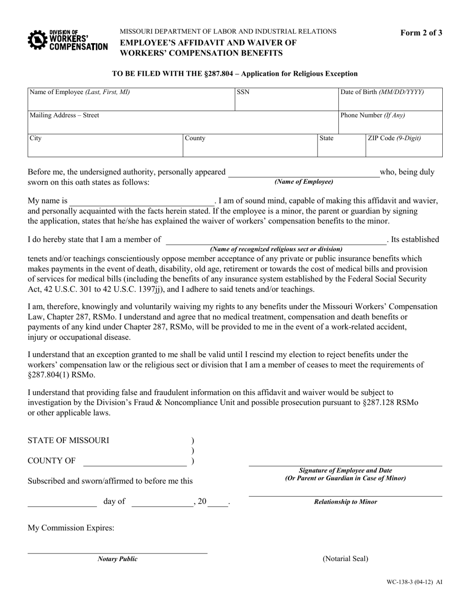 Form WC-138-3 Employees Affidavit and Waiver of Workers Compensation Benefits - Missouri, Page 1