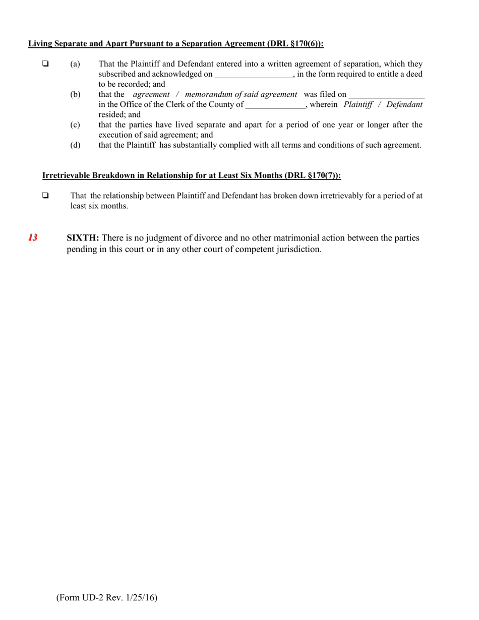Form UD-2 Verified Complaint - Action for Divorce - New York, Page 4