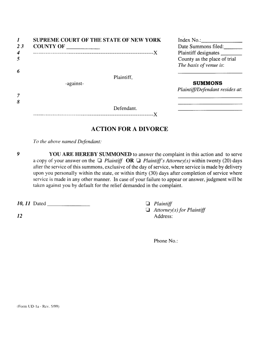 Form UD-1A Summons - New York, Page 1