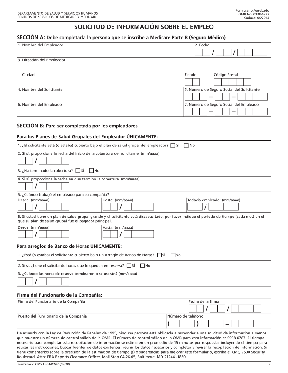 Formulario CMS L564 Solicitud De Informacion Sobre El Empleo (Spanish), Page 2