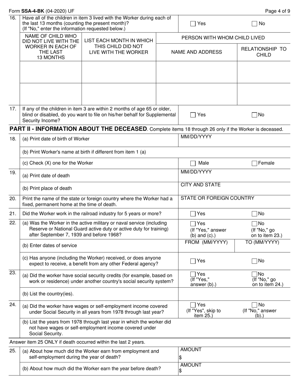 Form SSA-4-BK Application for Childs Insurance Benefits, Page 4