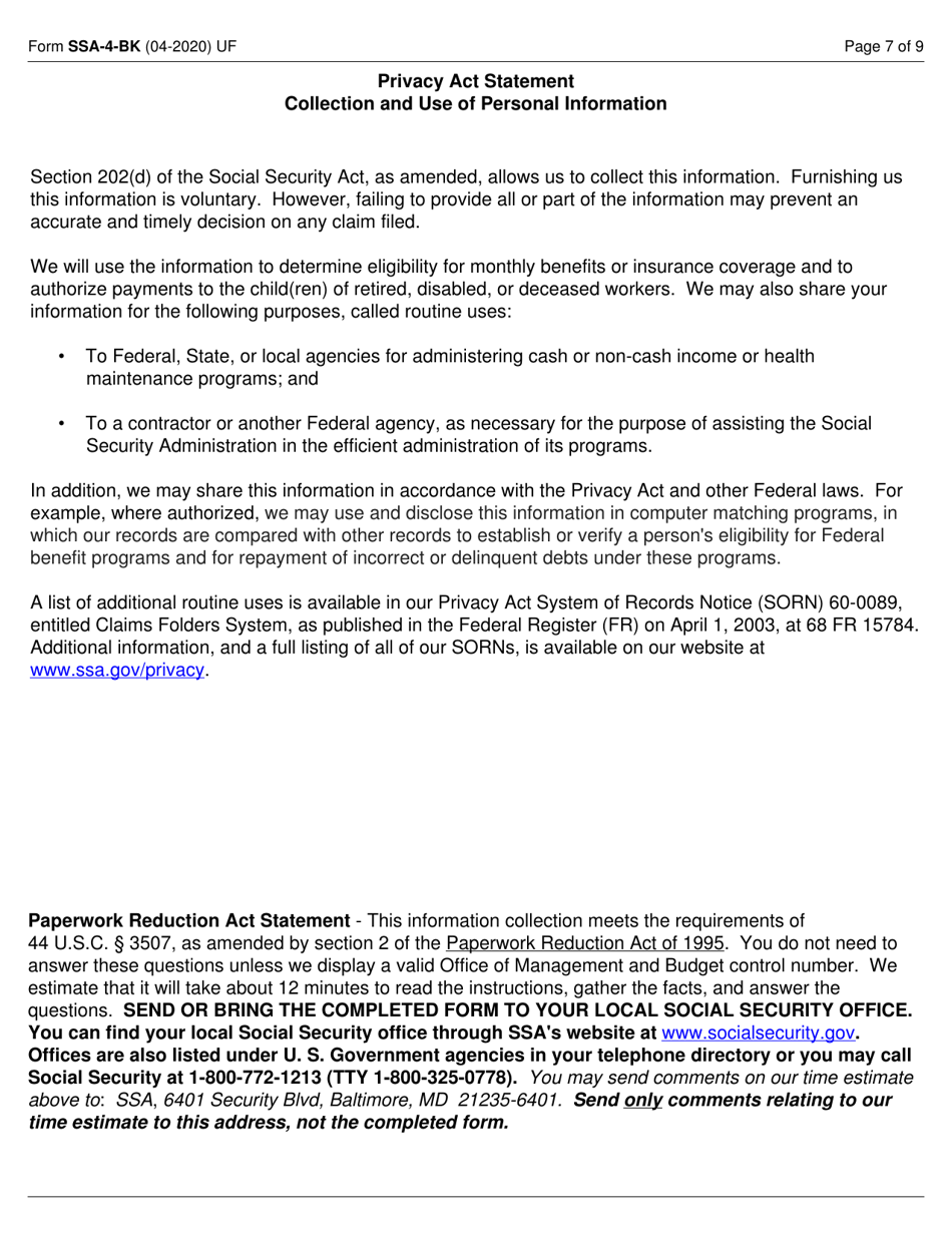 Form SSA-4-BK Application for Childs Insurance Benefits, Page 7