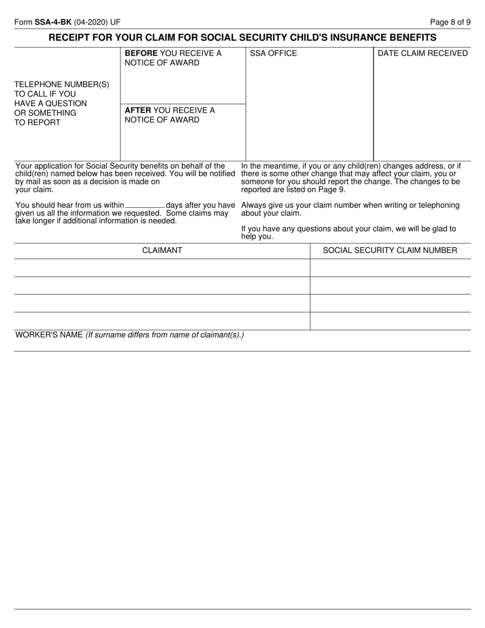 Form SSA-4-BK Application for Childs Insurance Benefits, Page 8