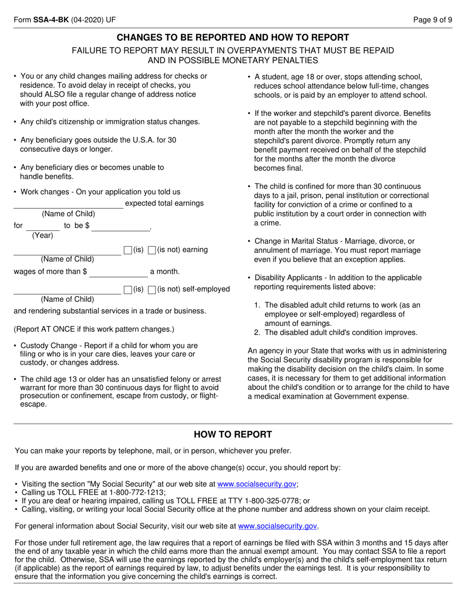 Form SSA-4-BK Application for Childs Insurance Benefits, Page 9