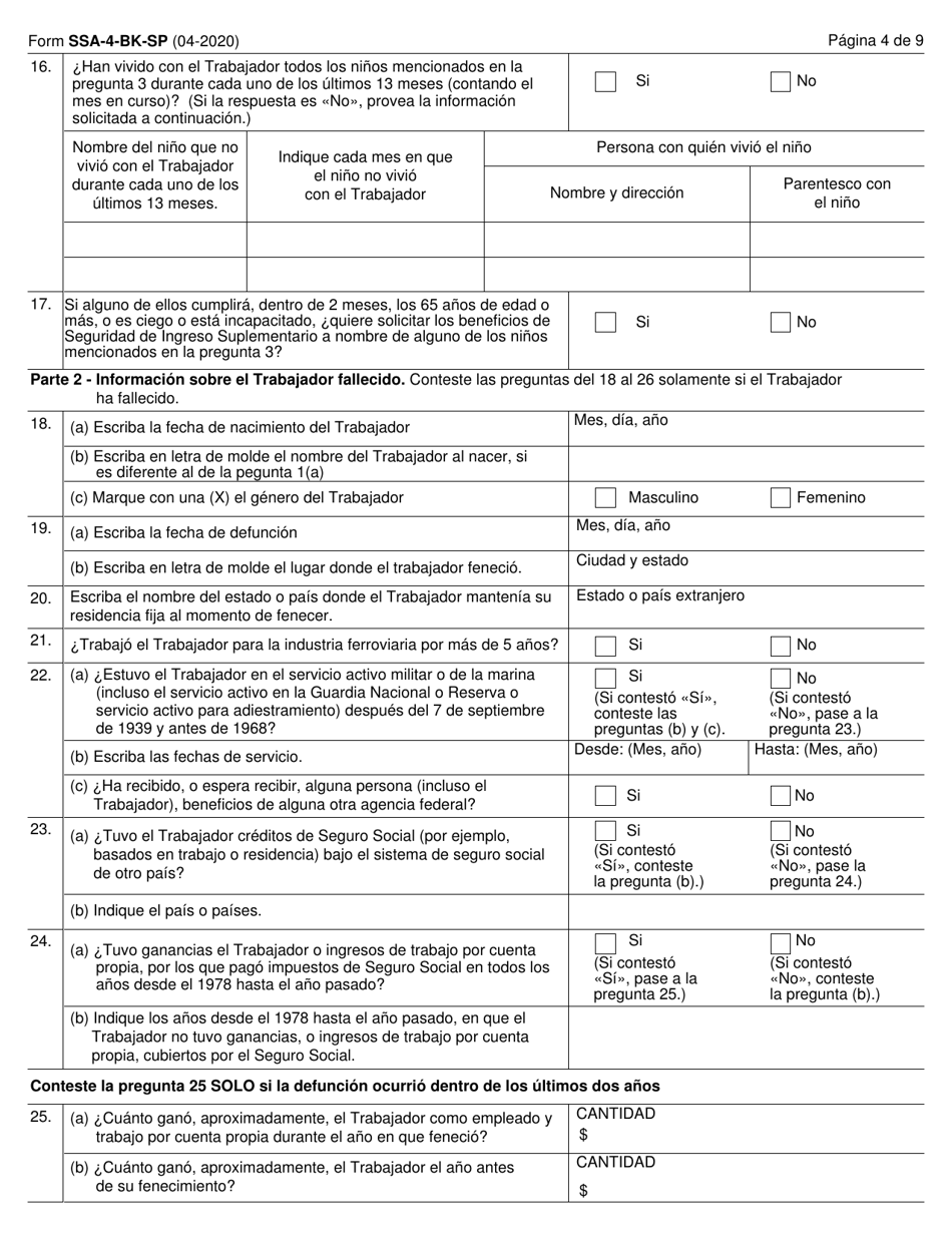 Formulario SSA-4-BK-SP Solicitud Para Beneficios De Seguro Para Ninos (Spanish), Page 4
