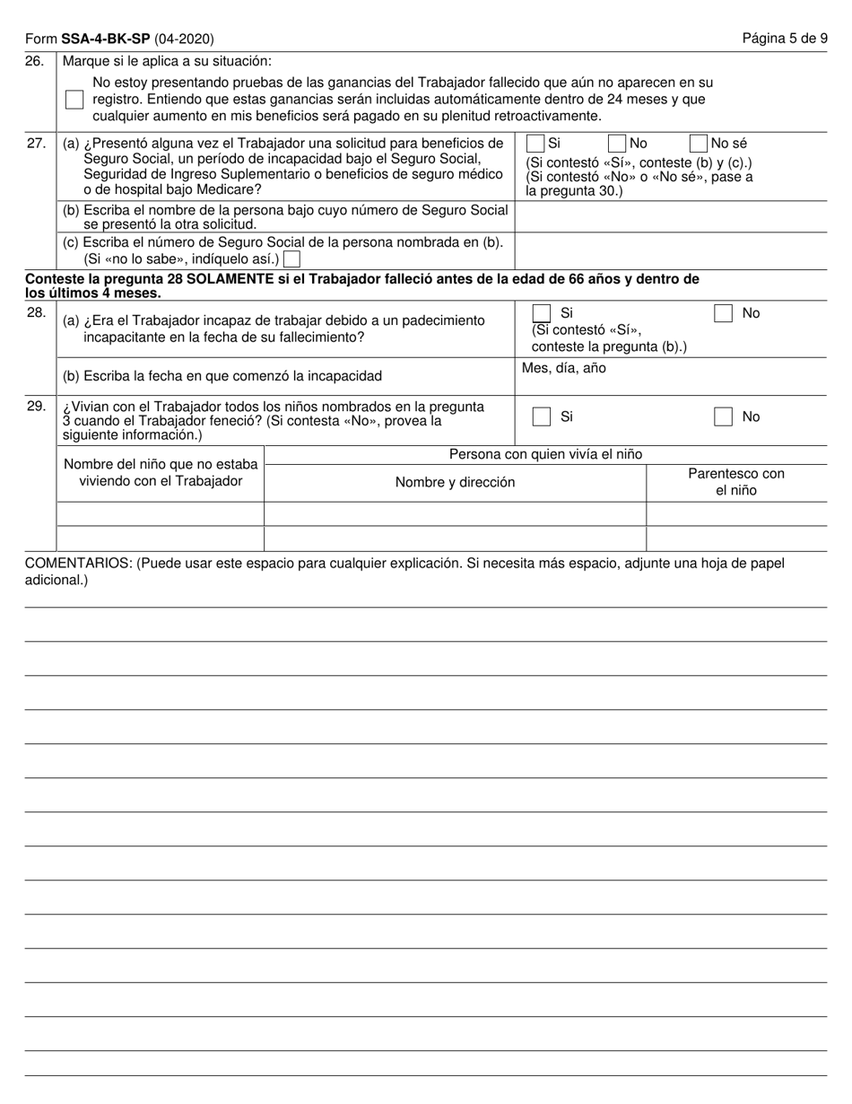 Formulario SSA-4-BK-SP Solicitud Para Beneficios De Seguro Para Ninos (Spanish), Page 5