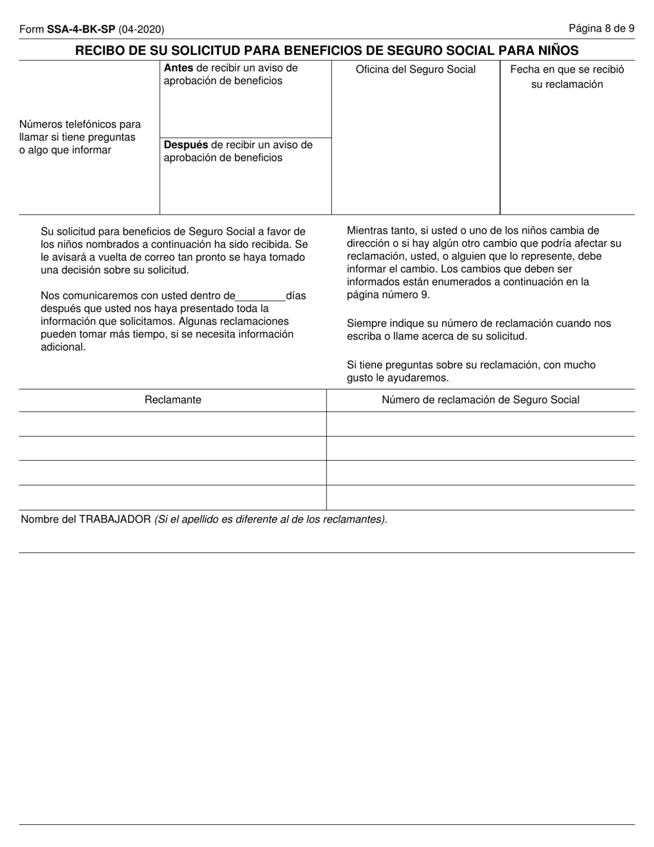 Formulario SSA-4-BK-SP Solicitud Para Beneficios De Seguro Para Ninos (Spanish), Page 8