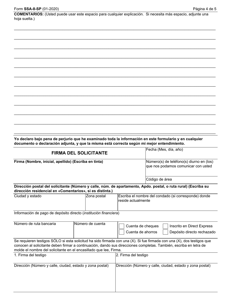 Formulario SSA-8-SP Solicitud Del Pago Global Por Fallecimiento (Spanish), Page 4