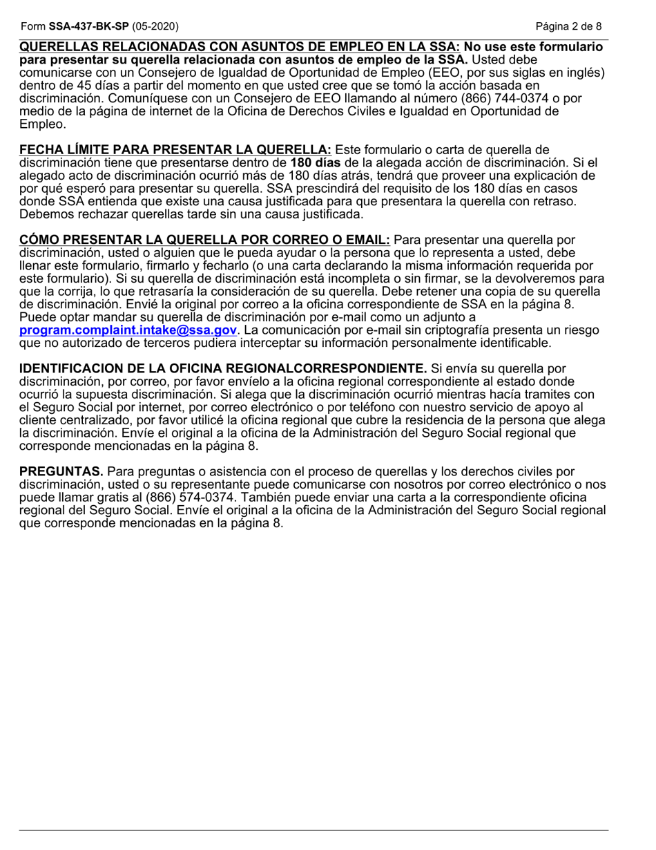 Formulario SSA-437-BK-SP Formulario De Querella Por Discriminacion (Spanish), Page 2