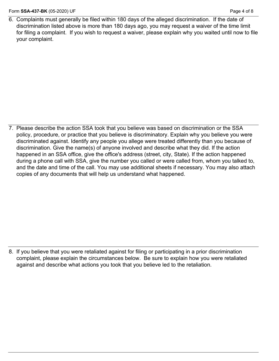 Form SSA-437-BK Complaint Form for Allegations of Discrimination in Programs or Activities Conducted by the Social Security Administration, Page 4