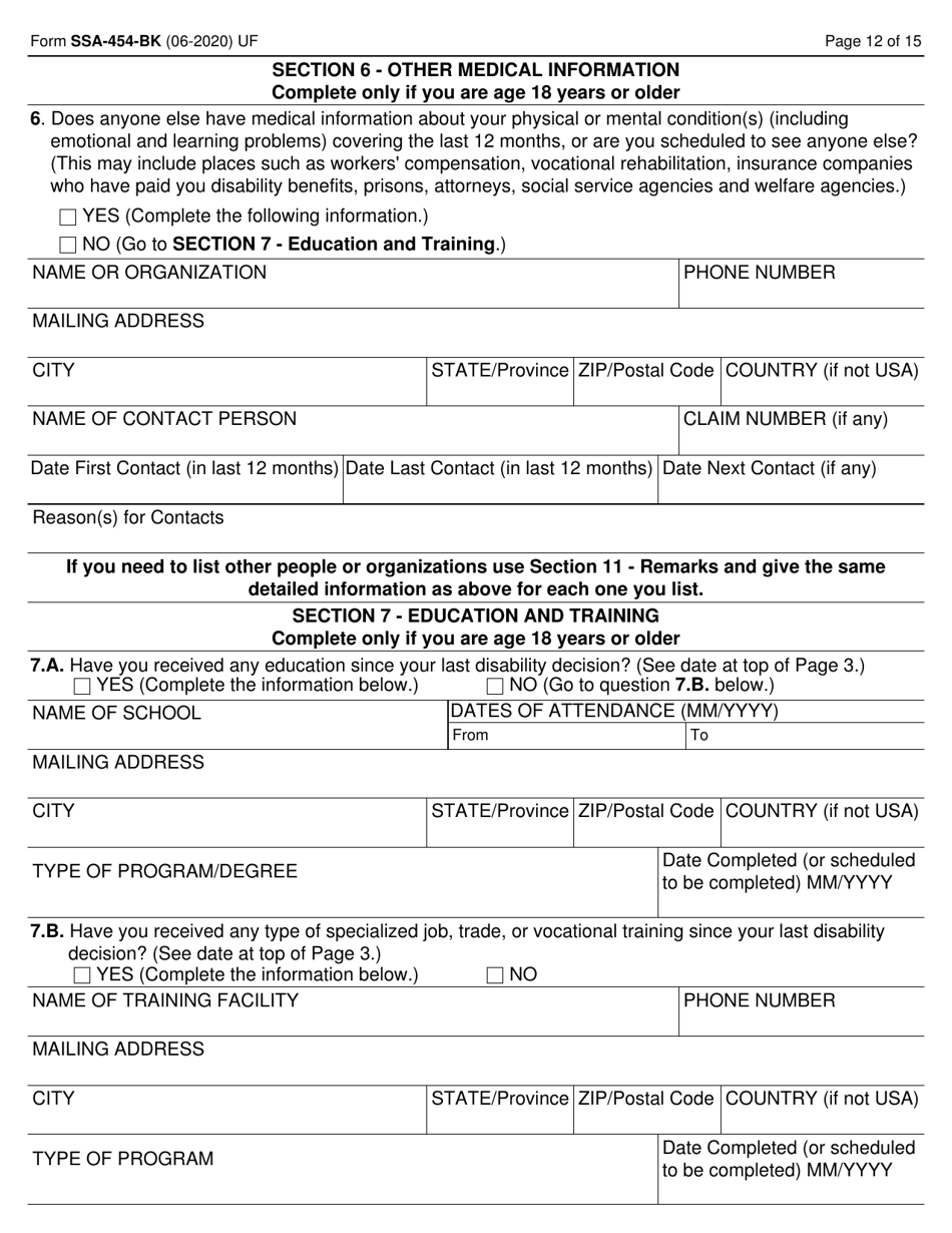 Form SSA-454-BK Continuing Disability Review Report, Page 12