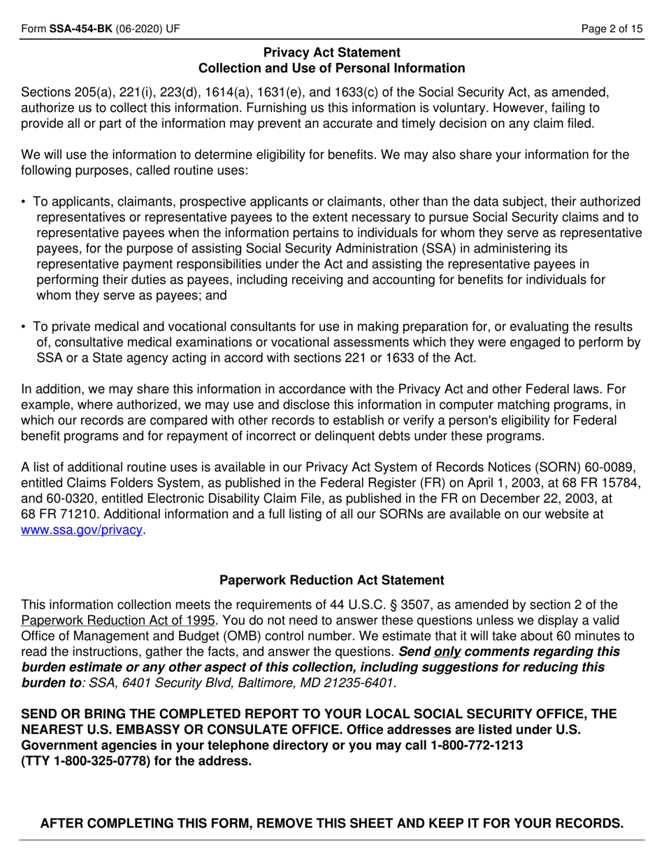 Form SSA-454-BK Continuing Disability Review Report, Page 2