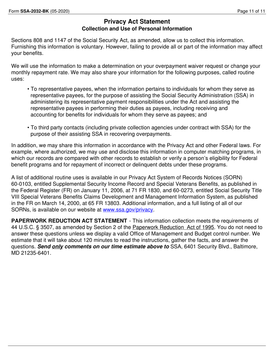 Form SSA-2032-BK Request for Waiver of Special Veterans Benefits (Svb) Overpayment Recovery or Change in Repayment Rate, Page 11