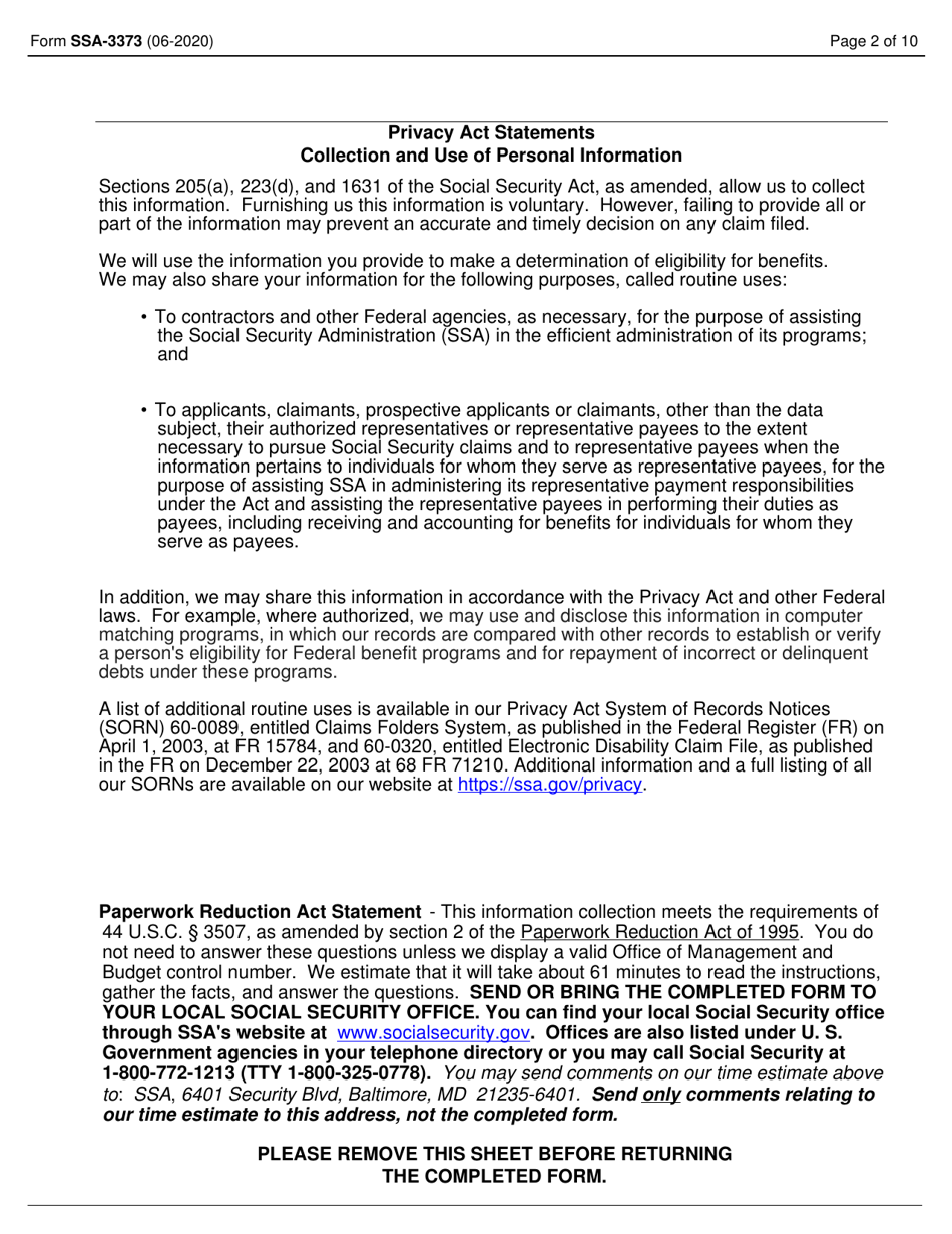 Form SSA-3373 Function Report - Adult, Page 2