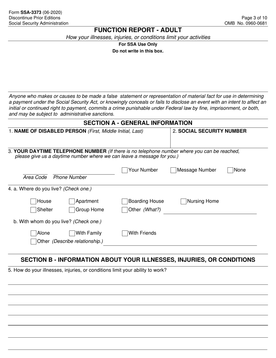 Form SSA-3373 Function Report - Adult, Page 3