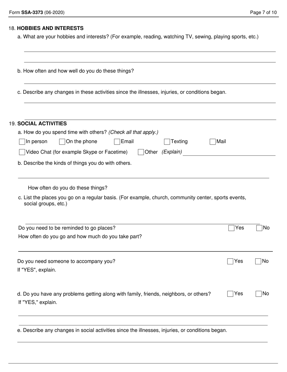 Form SSA-3373 Function Report - Adult, Page 7