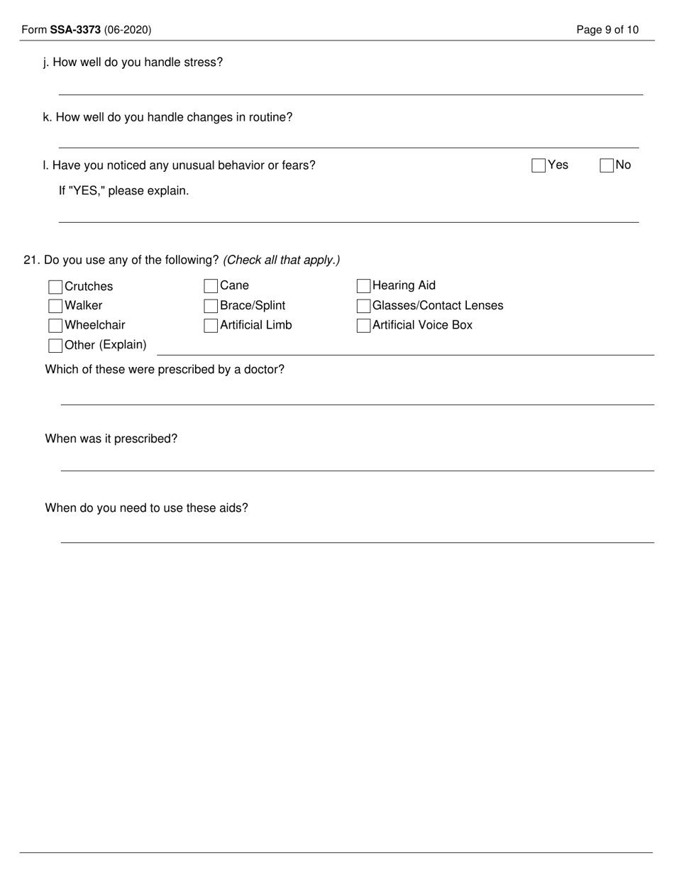 Form SSA-3373 Function Report - Adult, Page 9