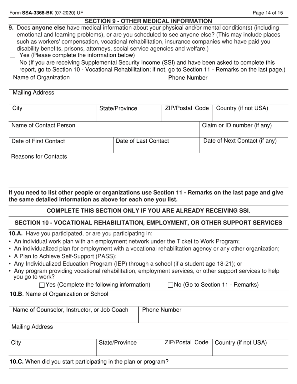 Form SSA-3368-BK Disability Report - Adult, Page 14