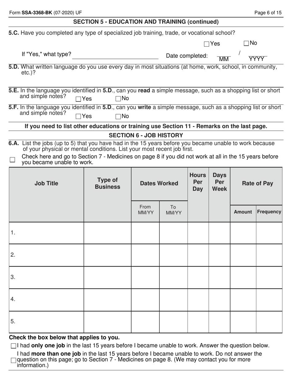Form SSA-3368-BK Disability Report - Adult, Page 6