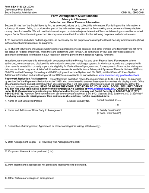 Form SSA-7157 Farm Arrangement Questionnaire