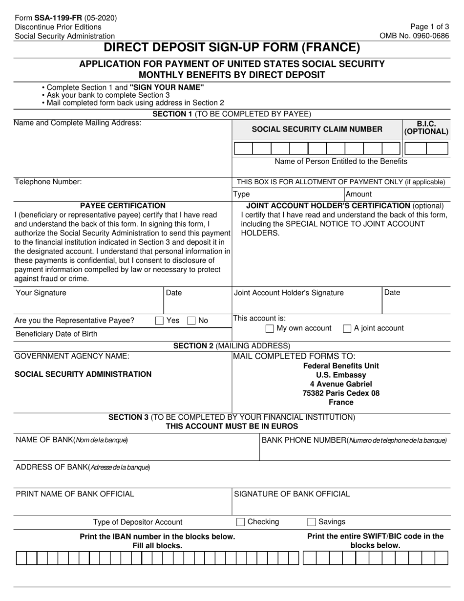 Form SSA-1199-FR Direct Deposit Sign-Up Form (France), Page 1
