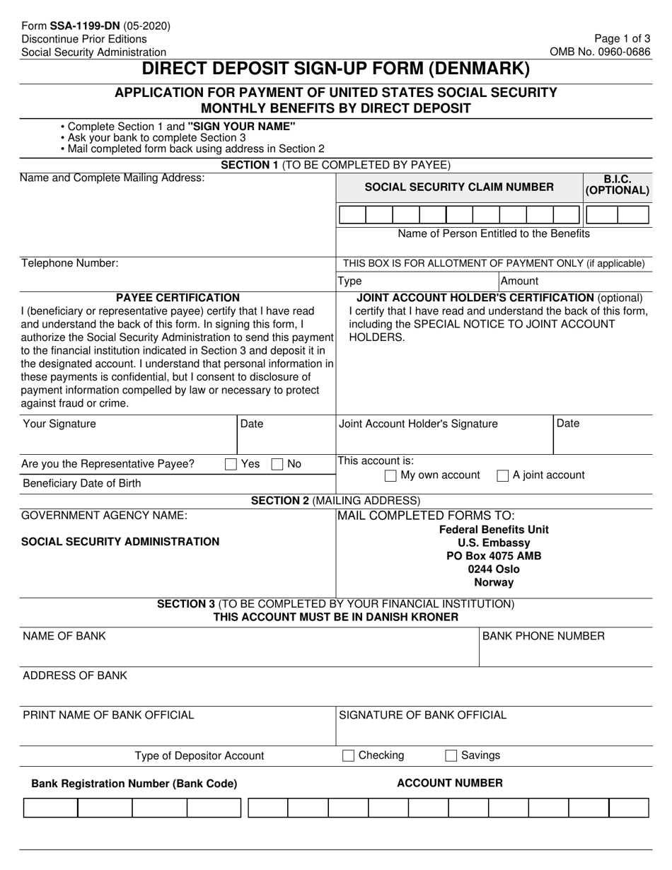 Form SSA-1199-DN Direct Deposit Sign-Up Form (Denmark), Page 1