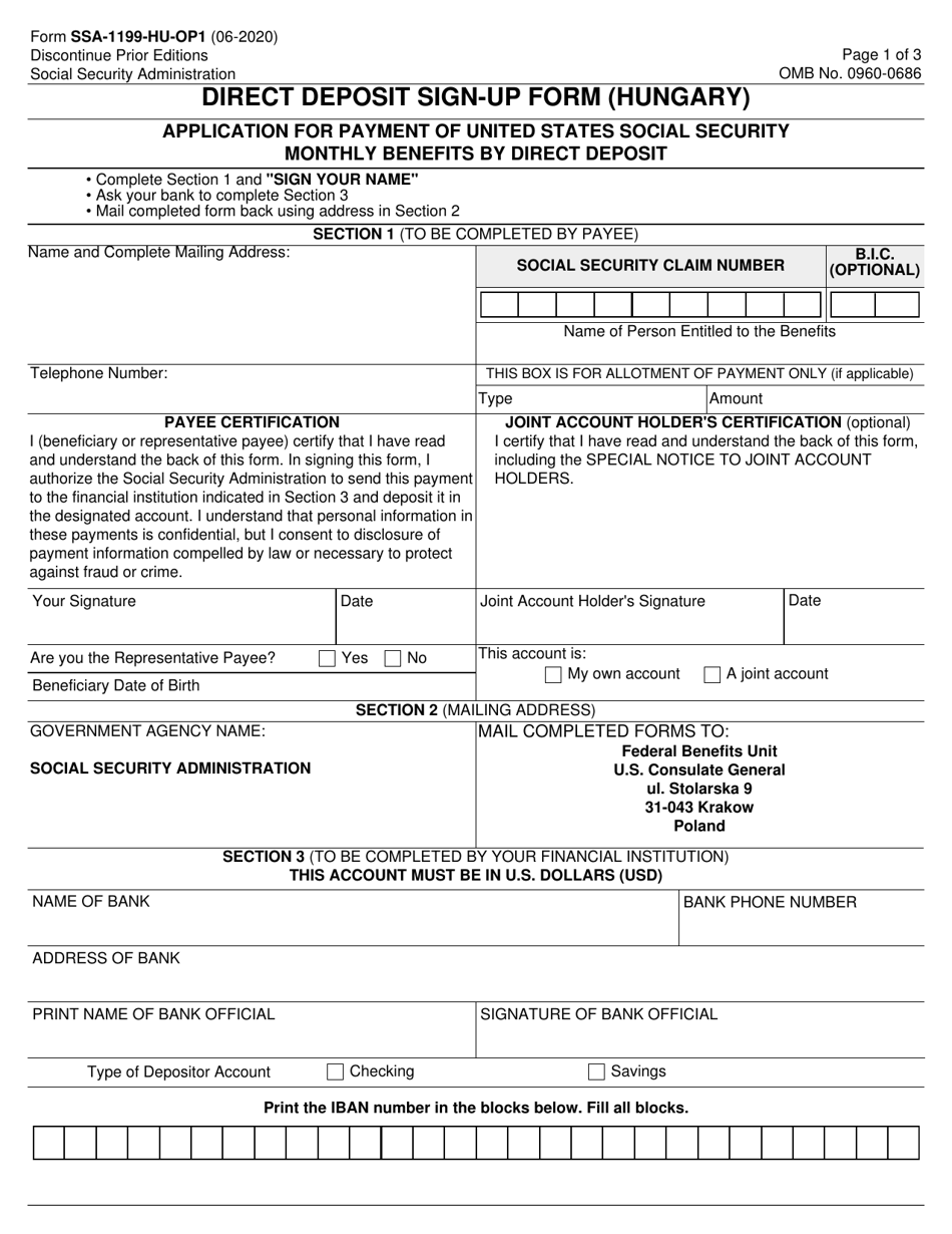 Form SSA-1199-HU-OP1 Direct Deposit Sign-Up Form (Hungary), Page 1