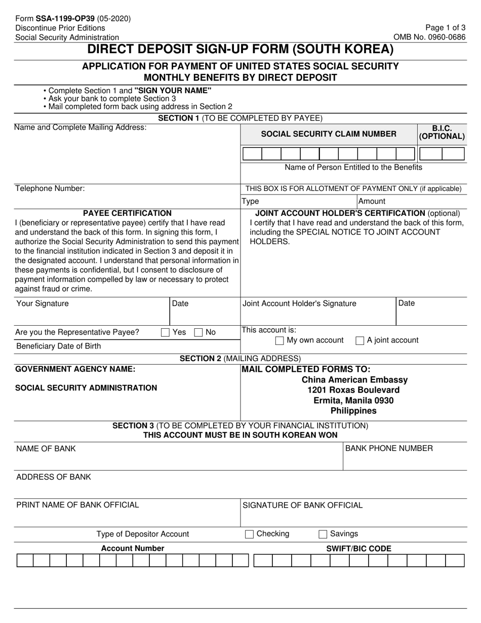 Form SSA-1199-OP39 Direct Deposit Sign-Up Form (South Korea), Page 1